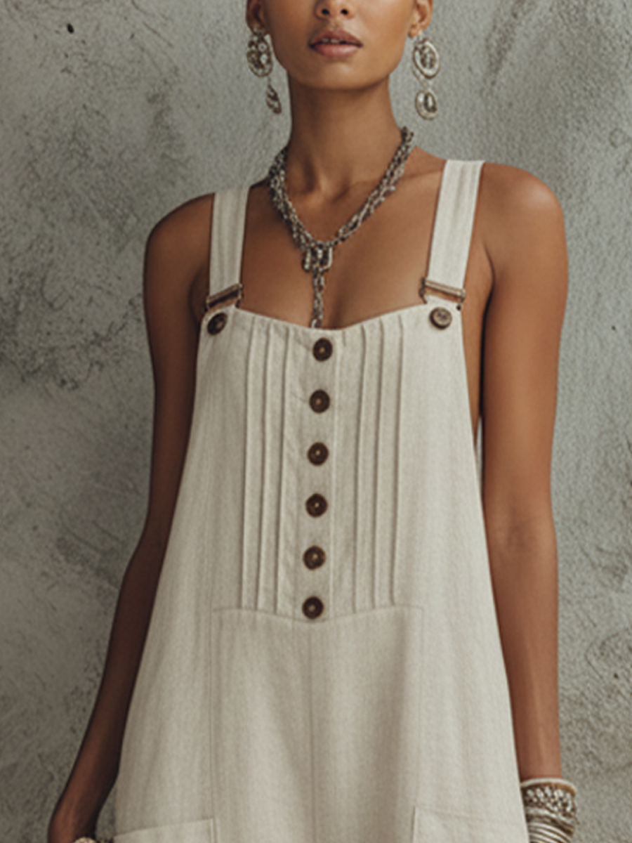 Women's Relaxed Style Beige Linen-Cotton Button Pleat Patch Pocket Strap Wide Leg Jumpsuit MDZ2369F4GMJ