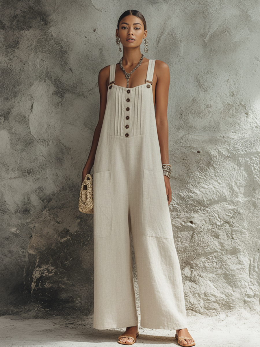 Women's Relaxed Style Beige Linen-Cotton Button Pleat Patch Pocket Strap Wide Leg Jumpsuit MDZ2369F4GMJ
