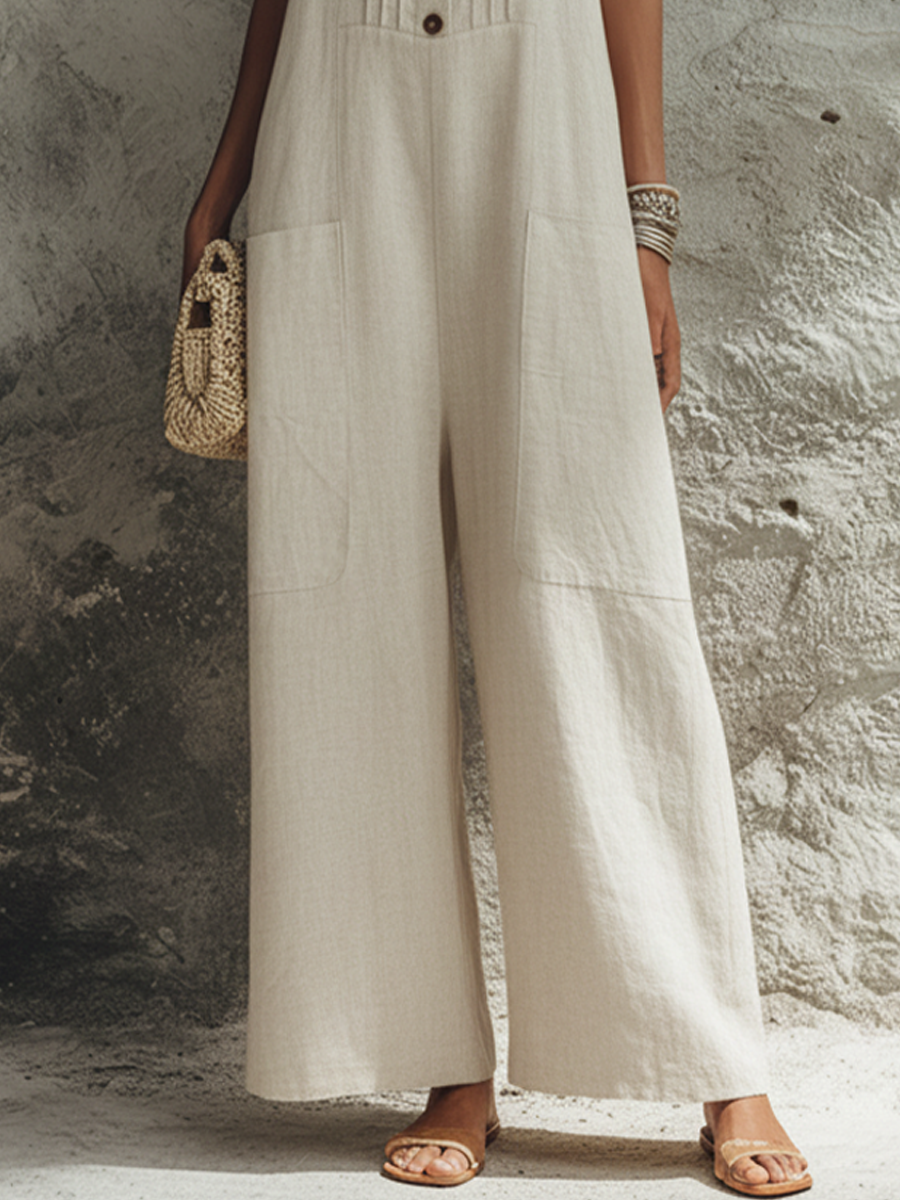 Women's Relaxed Style Beige Linen-Cotton Button Pleat Patch Pocket Strap Wide Leg Jumpsuit MDZ2369F4GMJ
