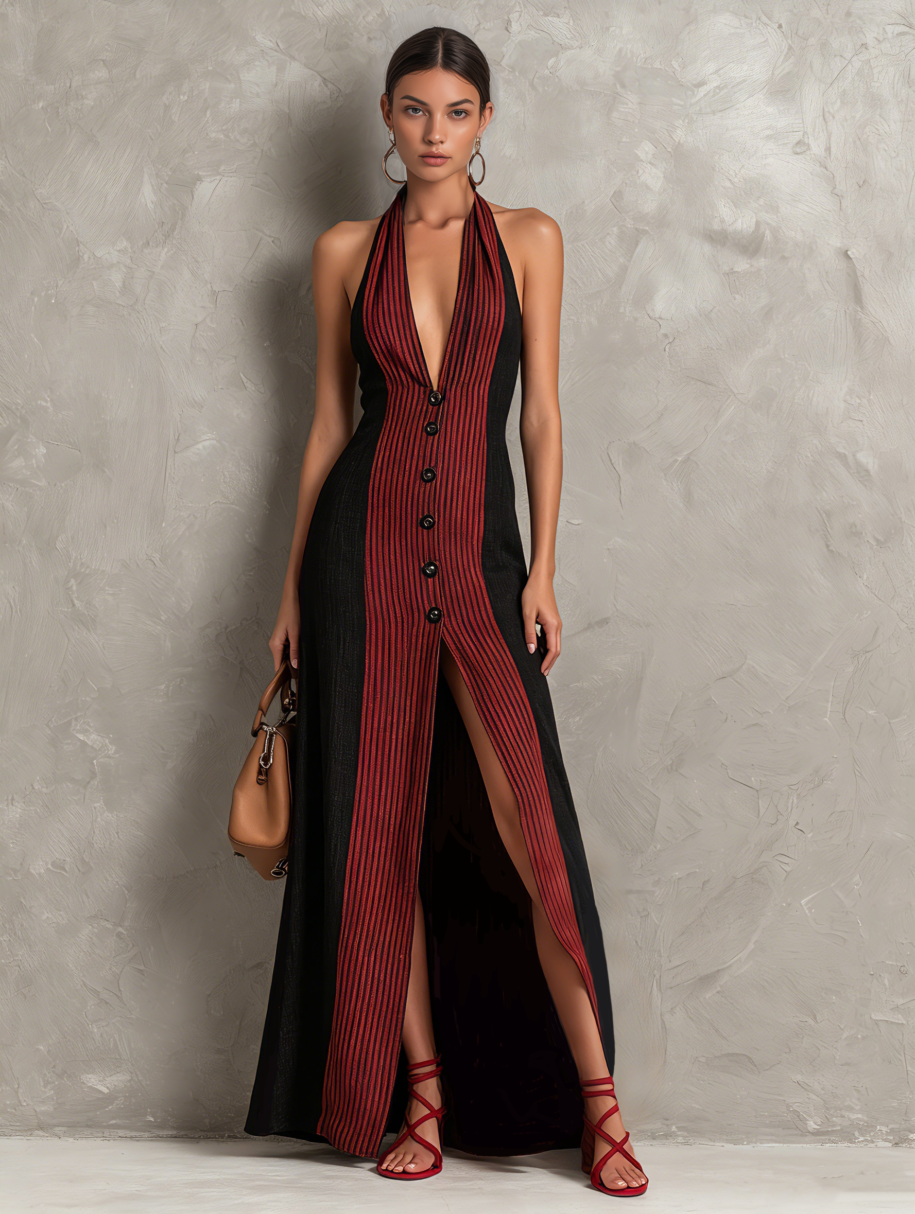 Women's Casual Red And Black Cotton-Linen V-Neck Sleeveless Maxi Dress – Modesees