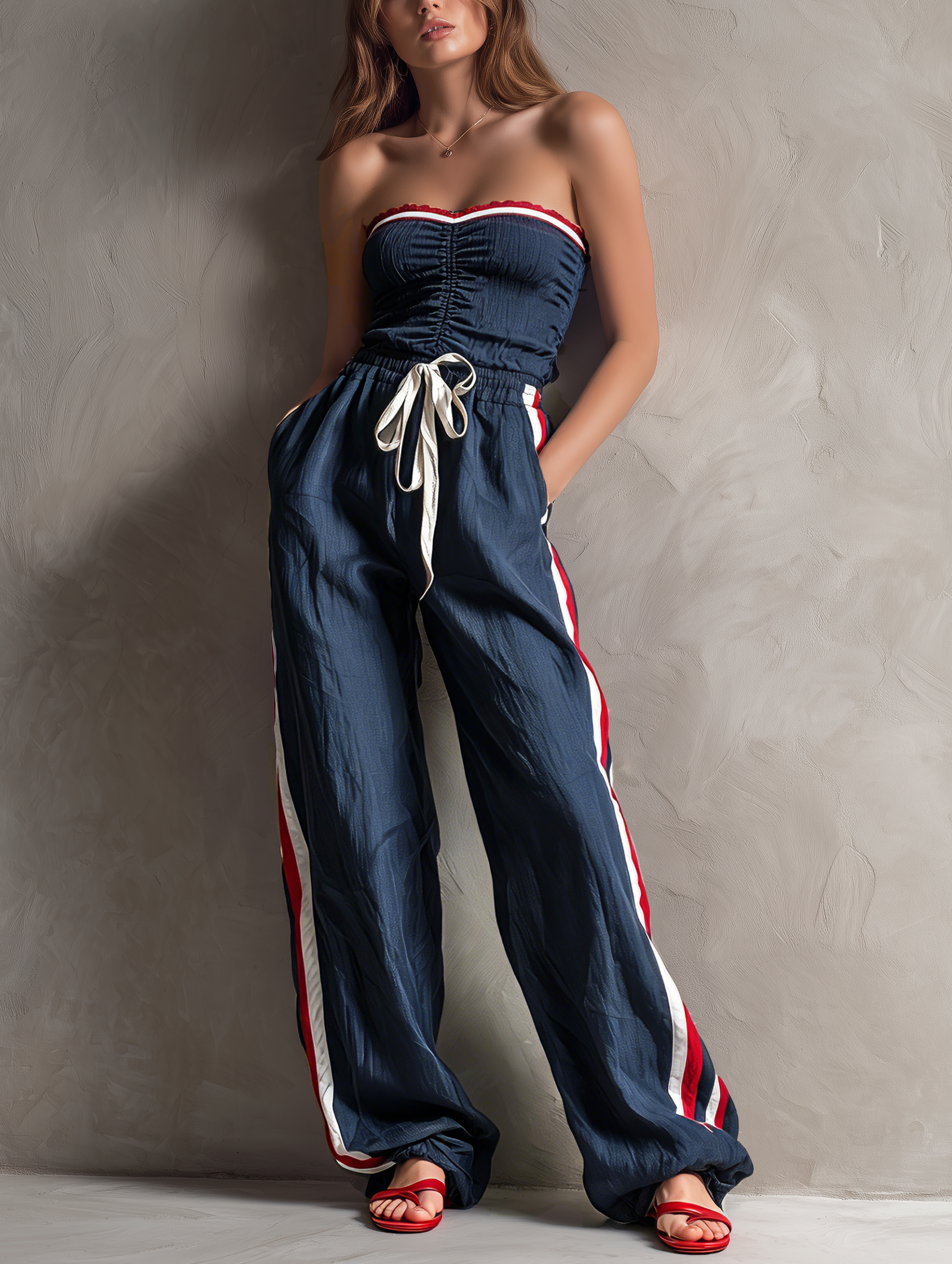 Women's Casual Dark Blue Woven Strapless Sleeveless Jumpsuit MDZ2428F0LXY