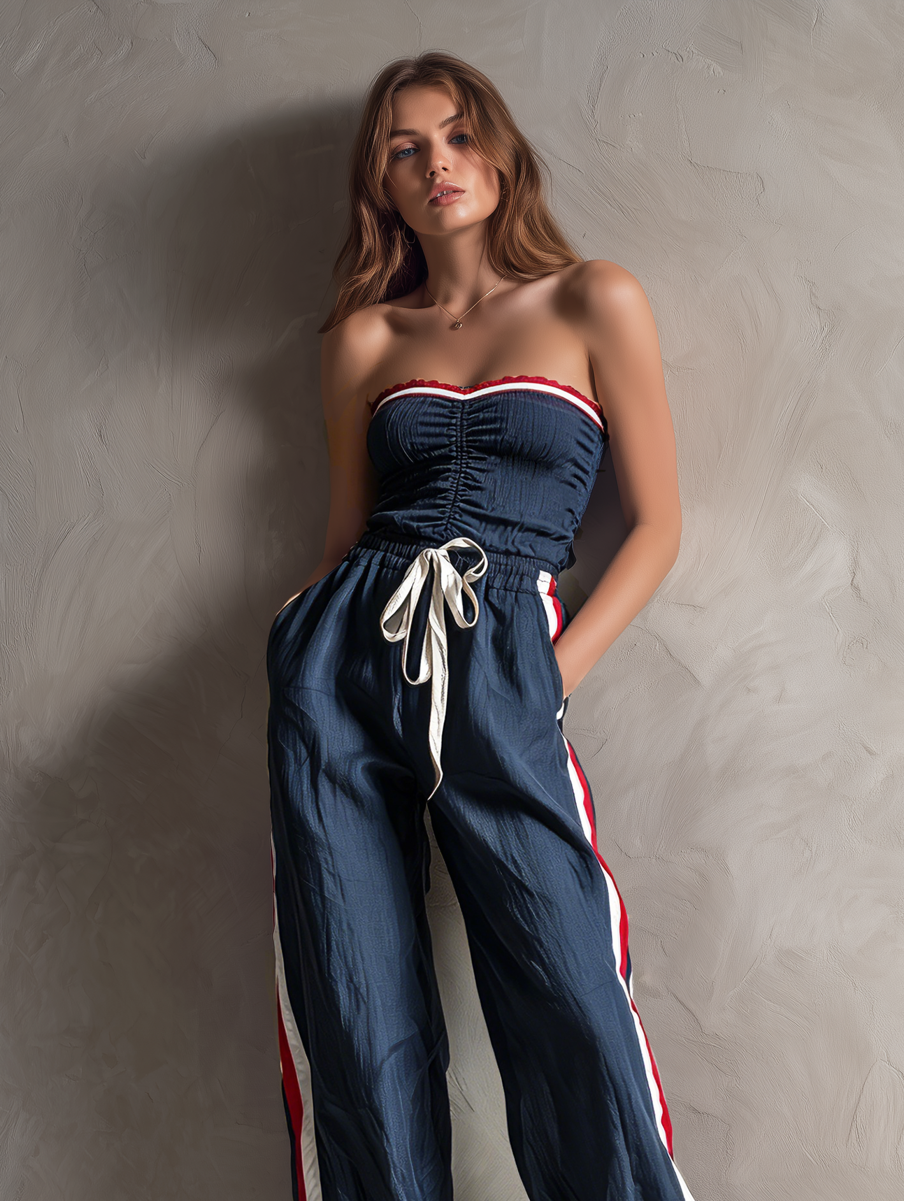 Women's Casual Dark Blue Woven Strapless Sleeveless Jumpsuit MDZ2428F0LXY