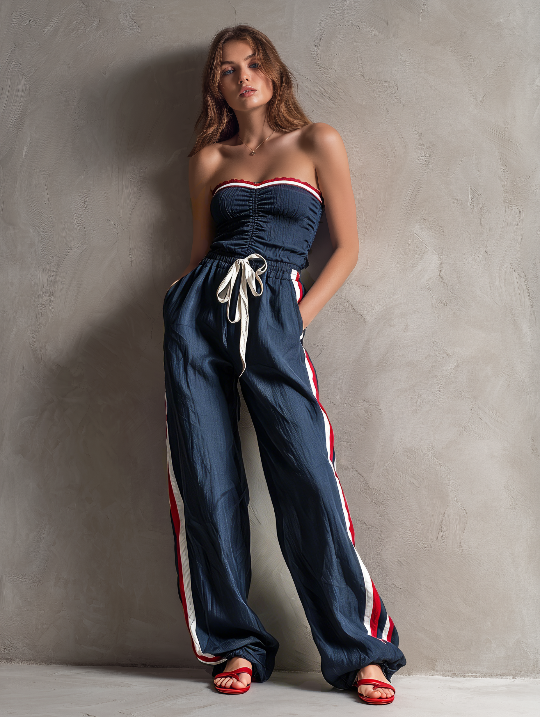 Women's Casual Dark Blue Woven Strapless Sleeveless Jumpsuit MDZ2428F0LXY