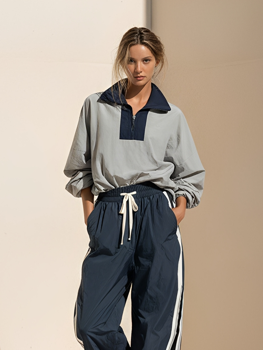 Women's Ash & Dark Navy Light Woven Co-Ord With Oversized Quarter Zip Sweatshirt & Dual Side Stripe Baggy Jogger Pants, Modern Athleisure Daily Outfit MDZ2490F1LYL
