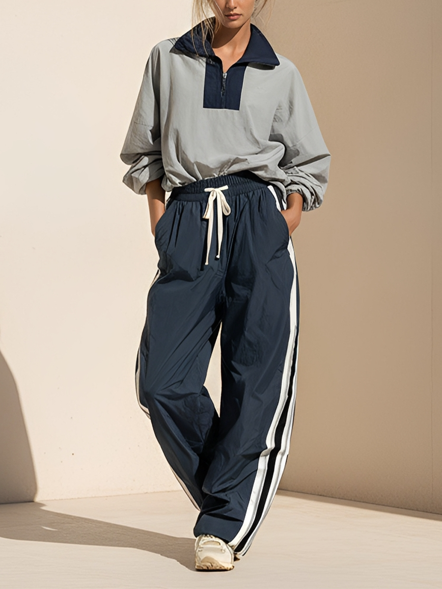 Women's Ash & Dark Navy Light Woven Co-Ord With Oversized Quarter Zip Sweatshirt & Dual Side Stripe Baggy Jogger Pants, Modern Athleisure Daily Outfit MDZ2490F1LYL