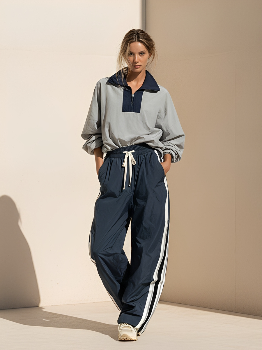 Women's Ash & Dark Navy Light Woven Co-Ord With Oversized Quarter Zip Sweatshirt & Dual Side Stripe Baggy Jogger Pants, Modern Athleisure Daily Outfit MDZ2490F1LYL