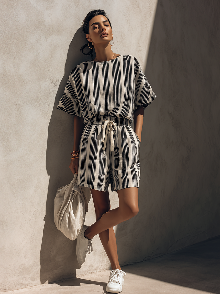Women’s Minimalist Linen Blend Round Neck Short Sleeve Striped Drawstring Waist Loose Romper MDZ2449F3ZRK