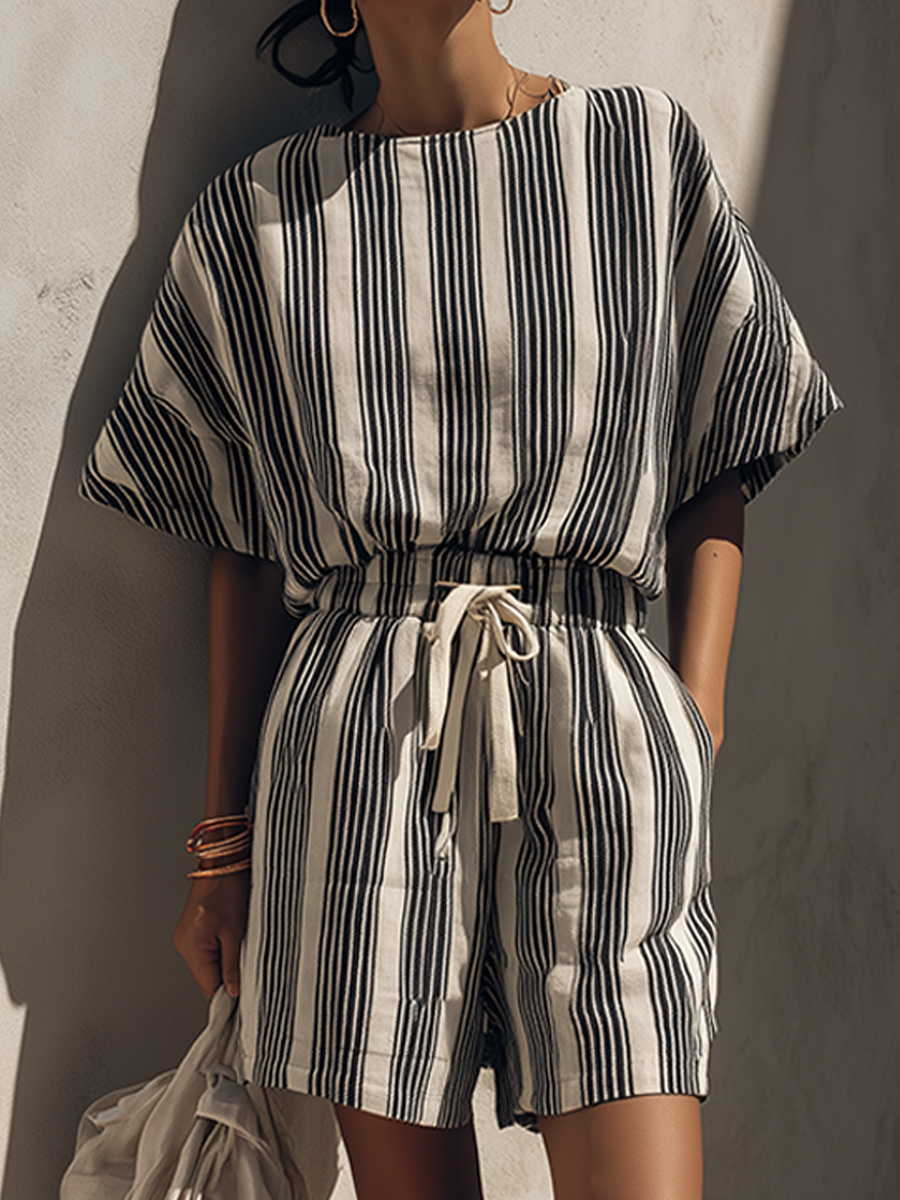 Women’s Minimalist Linen Blend Round Neck Short Sleeve Striped Drawstring Waist Loose Romper MDZ2449F3ZRK