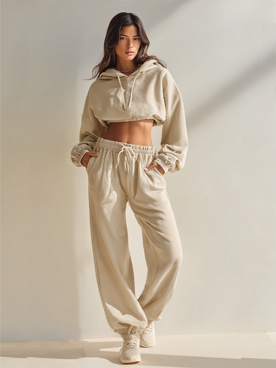 Women's Oatmeal Cotton-Blend Co-Ord With Oversized Crop Hooded Top & High Waist Pocket Sweatpants, Modern Effortless-Chic Athleisure Outfit MDZ2439F0LYL