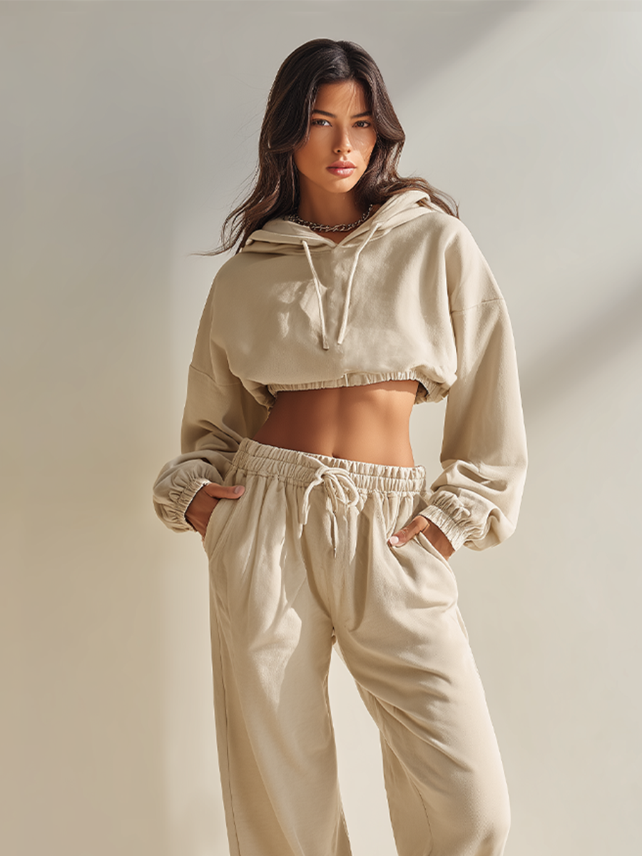 Women's Oatmeal Cotton-Blend Co-Ord With Oversized Crop Hooded Top & High Waist Pocket Sweatpants, Modern Effortless-Chic Athleisure Outfit MDZ2439F0LYL