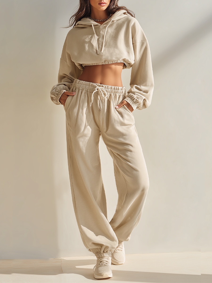 Women's Oatmeal Cotton-Blend Co-Ord With Oversized Crop Hooded Top & High Waist Pocket Sweatpants, Modern Effortless-Chic Athleisure Outfit MDZ2439F0LYL