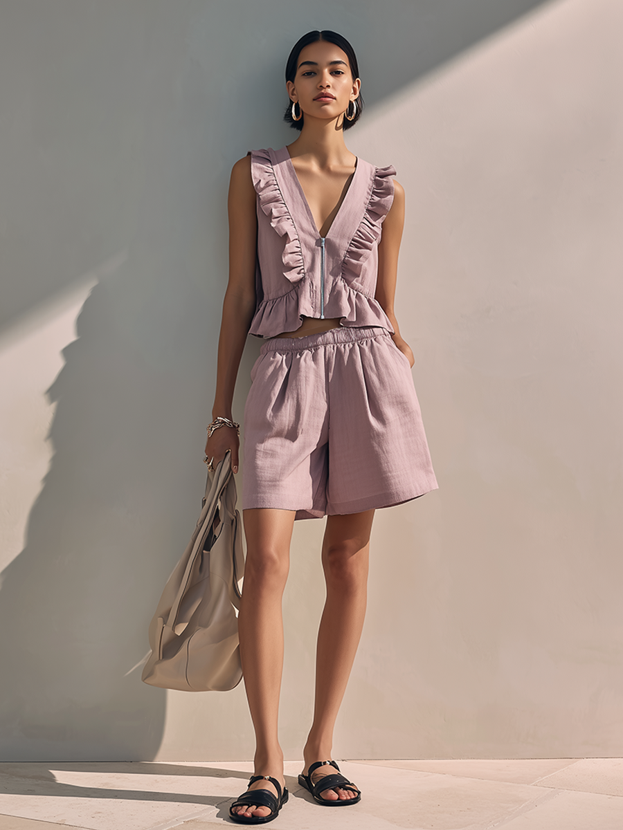 Women’s Minimalist Linen Blend Ruffle V-Neck Sleeveless Crop Top And Elastic Waist Shorts Two-Piece Set MDZ2440F8ZRK