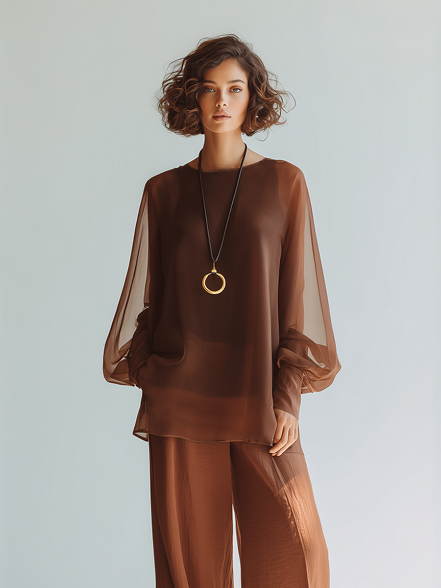 Women's Coffee Brown Transparent Chiffon Matching Outfit With Puff Sleeve Loose Blouse & Draped Full Length Wide Leg Pants, Contemporary Versatile Summer Two-Piece Set MDZ2448F9LYL