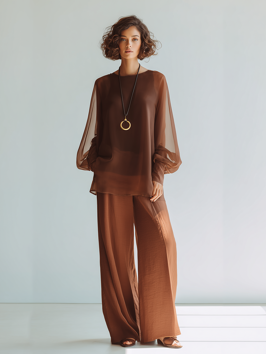 Women's Coffee Brown Transparent Chiffon Matching Outfit With Puff Sleeve Loose Blouse & Draped Full Length Wide Leg Pants, Contemporary Versatile Summer Two-Piece Set MDZ2448F9LYL