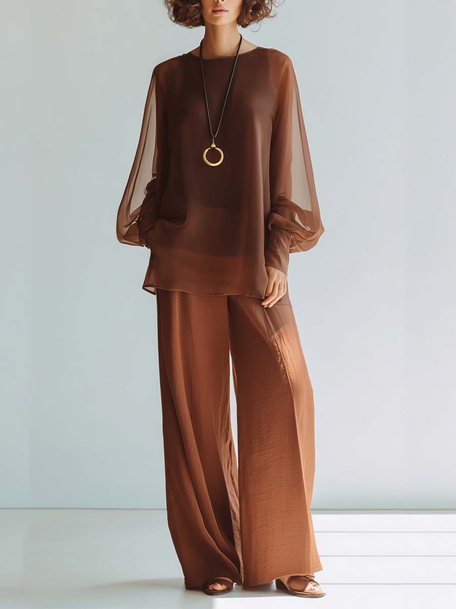 Women's Coffee Brown Transparent Chiffon Matching Outfit With Puff Sleeve Loose Blouse & Draped Full Length Wide Leg Pants, Contemporary Versatile Summer Two-Piece Set MDZ2448F9LYL