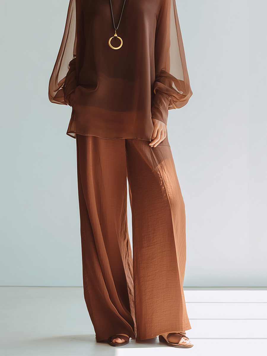 Women's Coffee Brown Transparent Chiffon Matching Outfit With Puff Sleeve Loose Blouse & Draped Full Length Wide Leg Pants, Contemporary Versatile Summer Two-Piece Set MDZ2448F9LYL