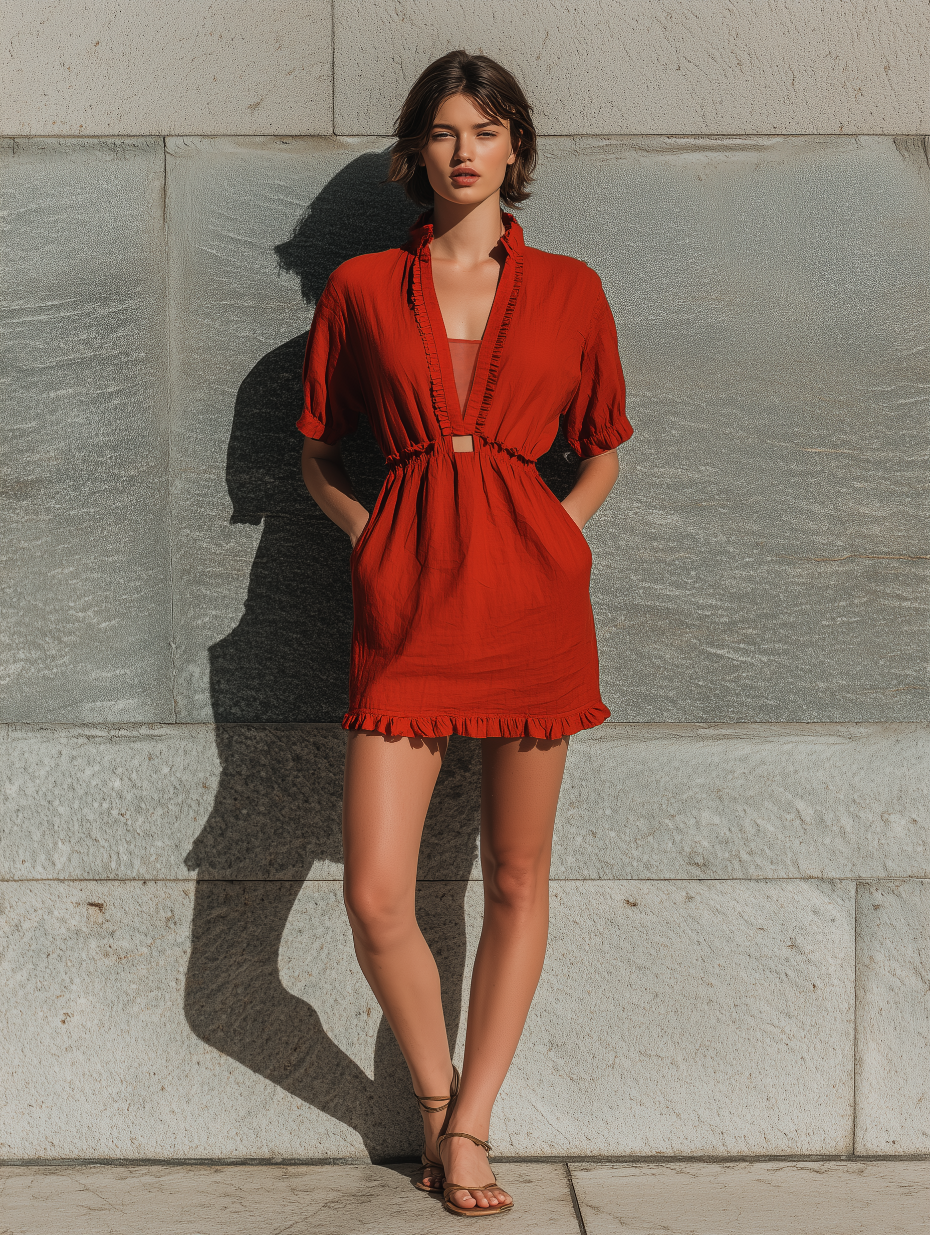 Women’s Rust Red Ruffle Collar Deep V Cutout Waist Elastic Short Puff Sleeve Hem Ruffle Mini Dress MDZ2454F0T