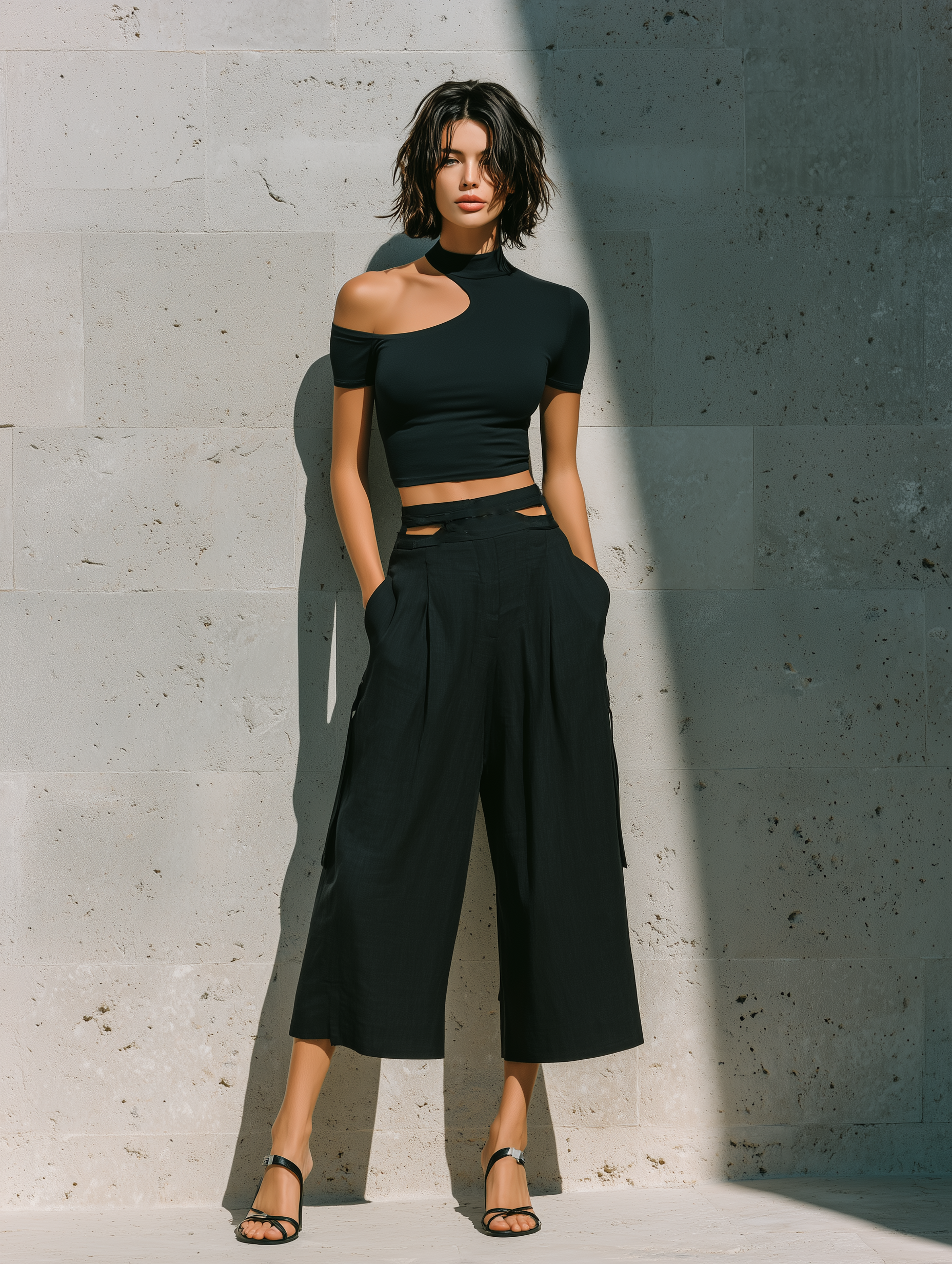 Women’s Black Cutout One Shoulder Mock Neck Short Sleeve Crop Top & High Waist Double Waist Cut Pleated Wide Leg Cropped Culottes Two-Piece Set MDZ2413F9T