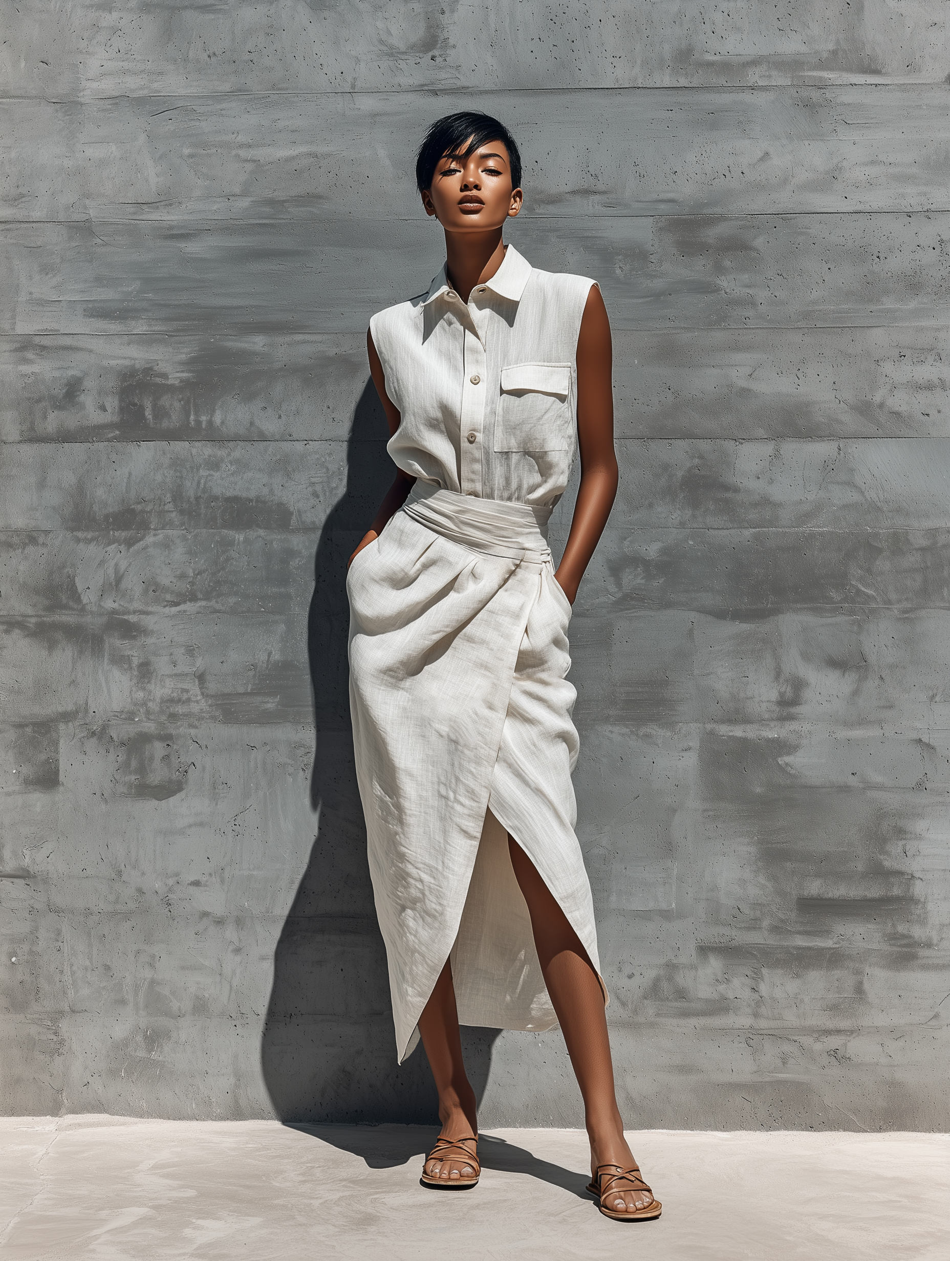 Women’s White Linen Sleeveless Collared Button Down Pocket Shirt & Wrap Waist Front Slit Midi Skirt Two-Piece Set MDZ2444F0T