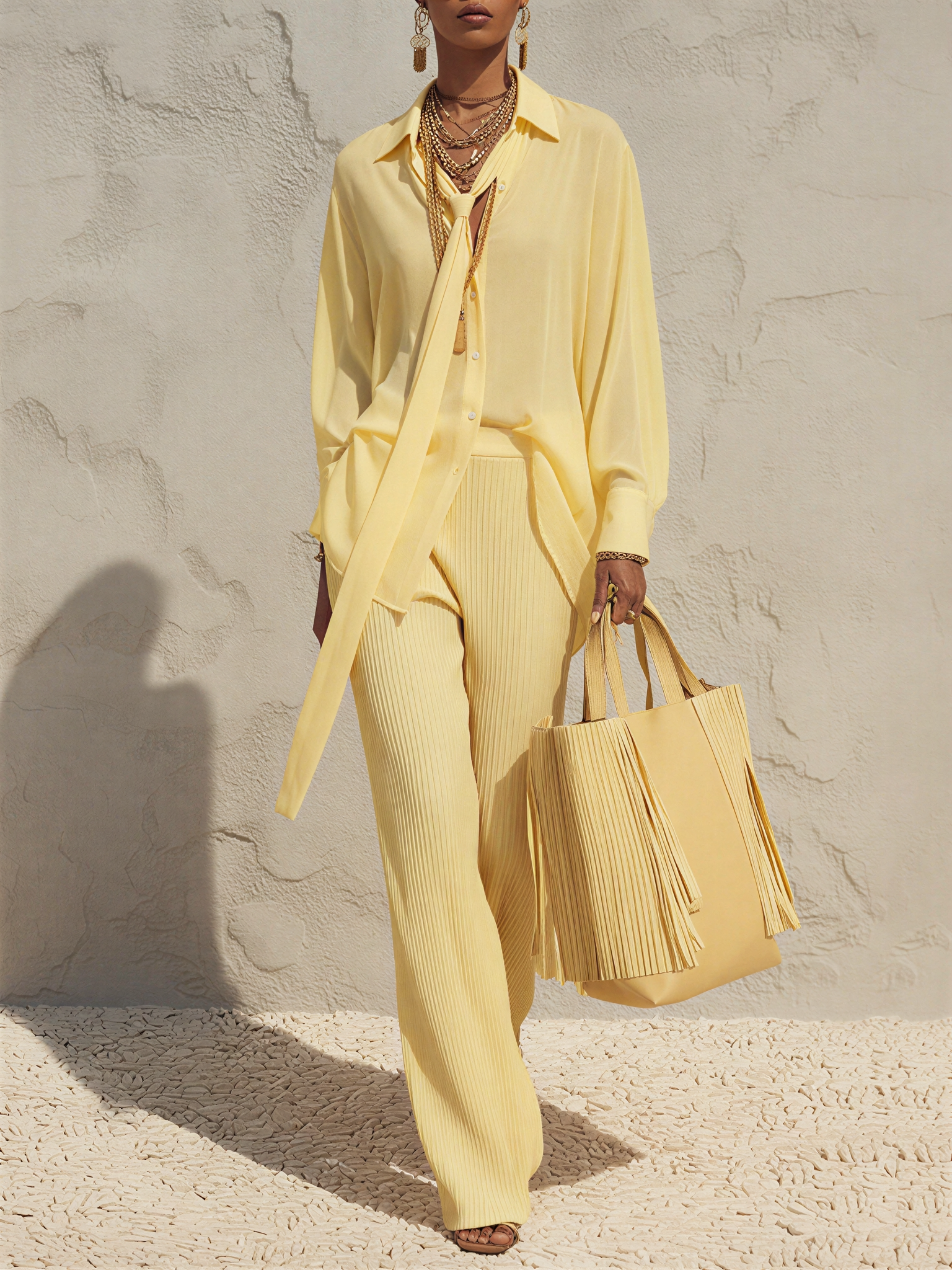 Women's Soft Pale Yellow Matching Outfit With Detachable Neck Tie Shirt & Elastic Waist Ribbed Wide Leg Pants, Contemporary Versatile Holiday Two-Piece Set MDZ2420F5LYL