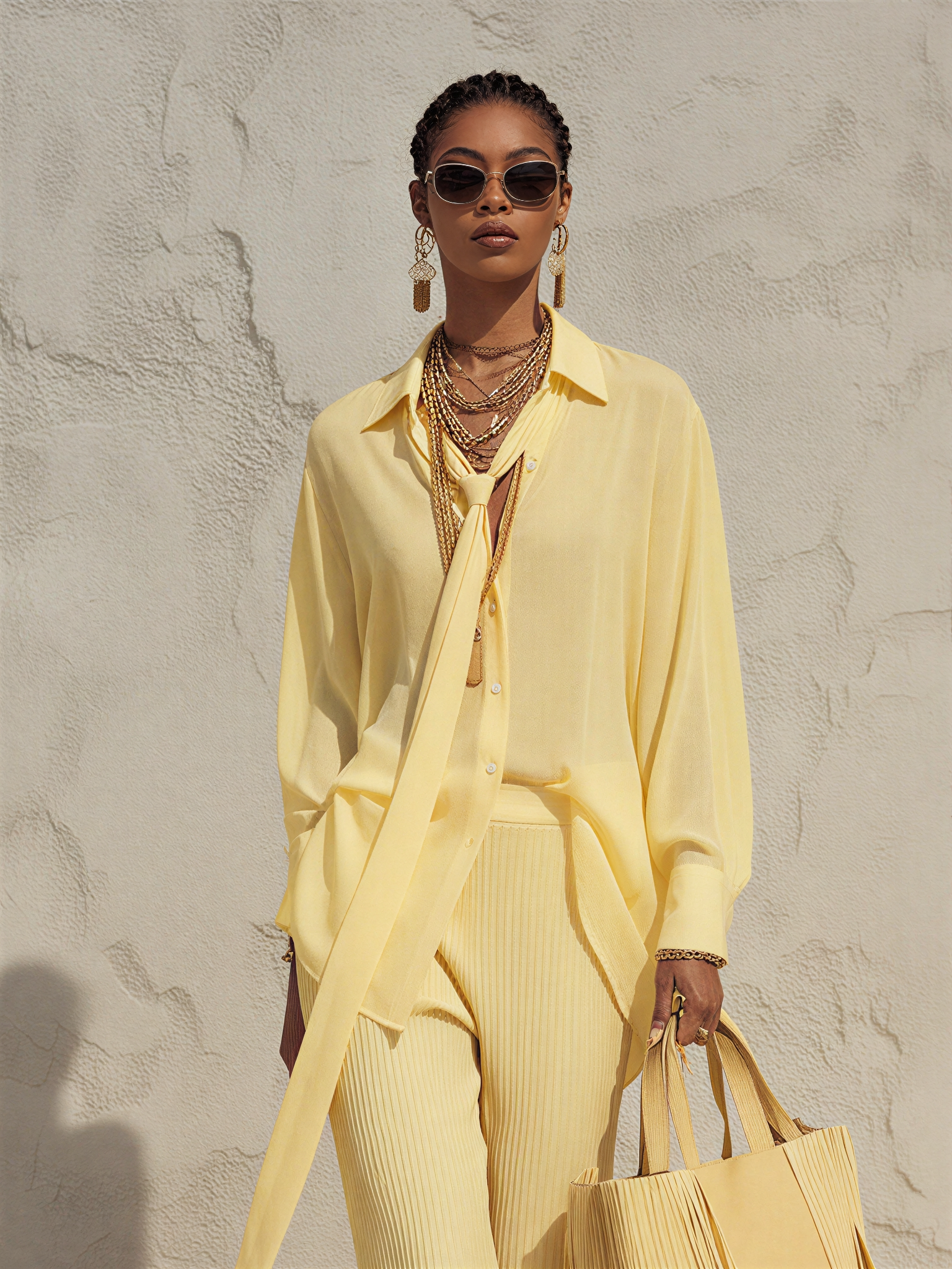 Women's Soft Pale Yellow Matching Outfit With Detachable Neck Tie Shirt & Elastic Waist Ribbed Wide Leg Pants, Contemporary Versatile Holiday Two-Piece Set MDZ2420F5LYL