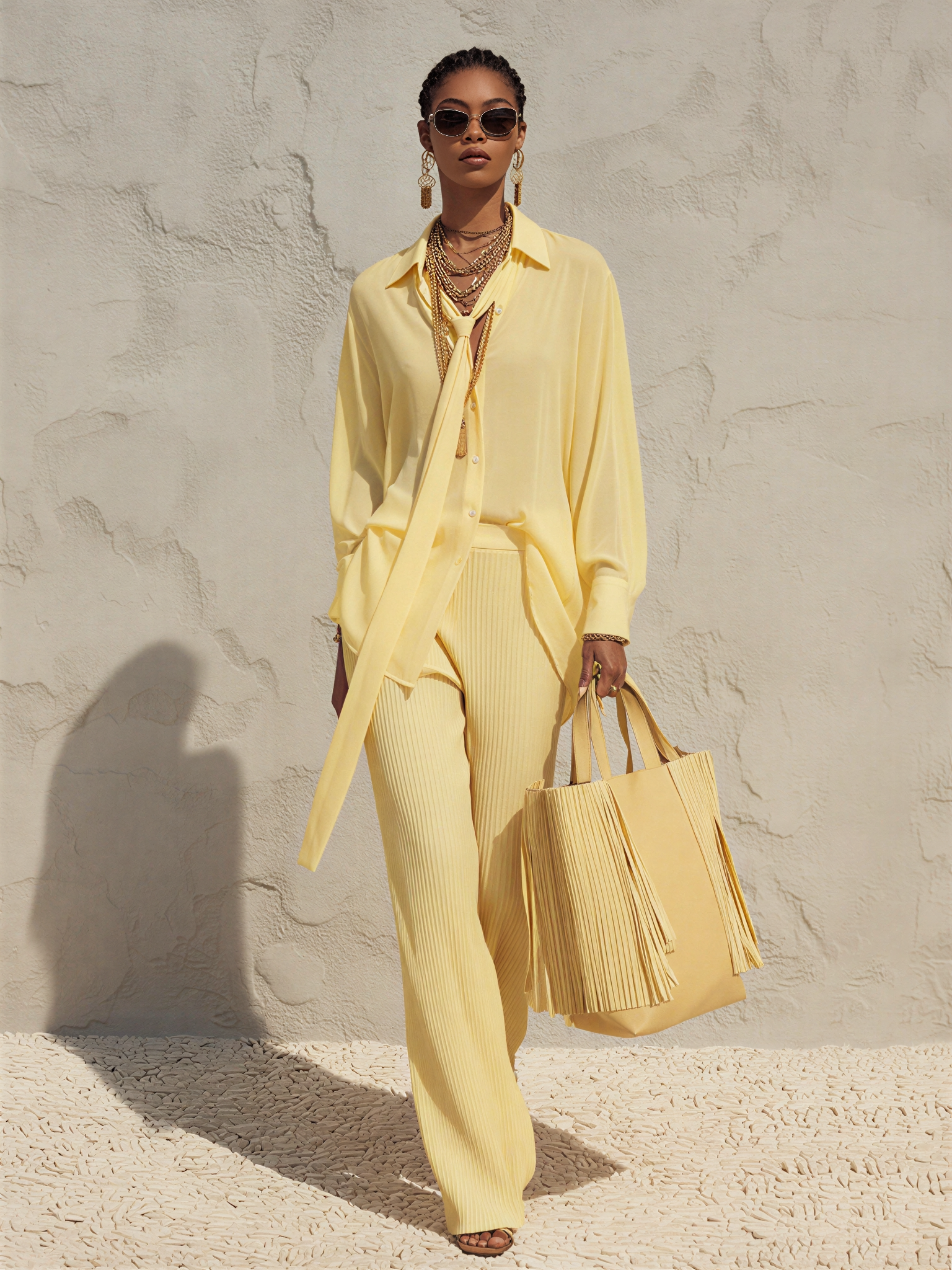 Women's Soft Pale Yellow Matching Outfit With Detachable Neck Tie Shirt & Elastic Waist Ribbed Wide Leg Pants, Contemporary Versatile Holiday Two-Piece Set MDZ2420F5LYL