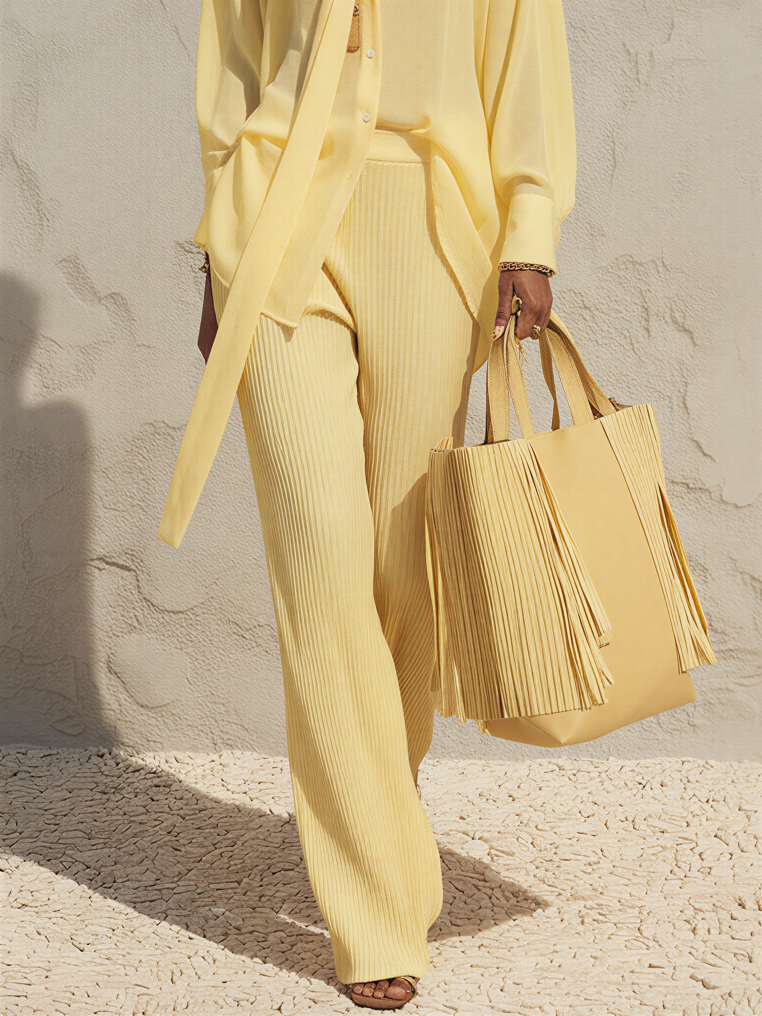 Women's Soft Pale Yellow Matching Outfit With Detachable Neck Tie Shirt & Elastic Waist Ribbed Wide Leg Pants, Contemporary Versatile Holiday Two-Piece Set MDZ2420F5LYL