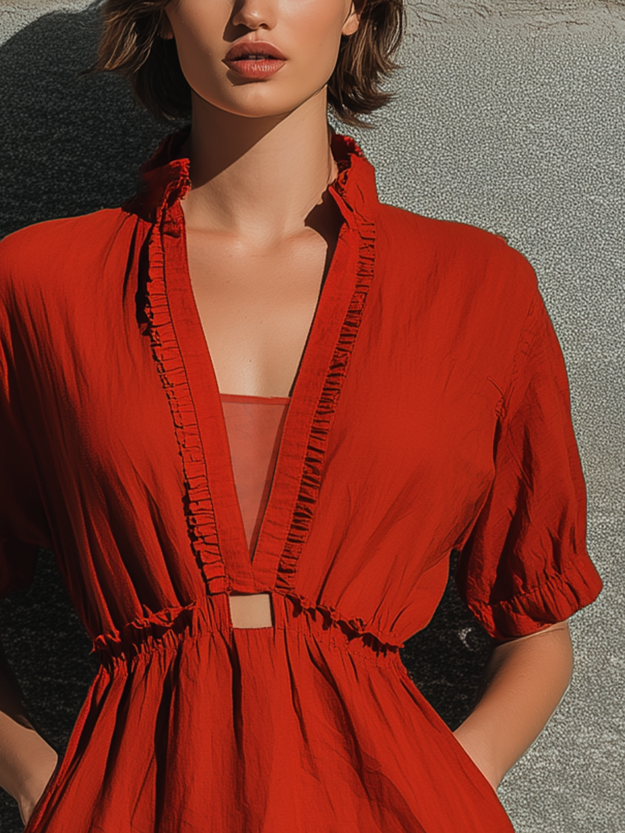 Women’s Rust Red Ruffle Collar Deep V Cutout Waist Elastic Short Puff Sleeve Hem Ruffle Mini Dress MDZ2454F0T