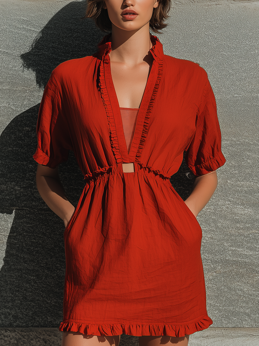 Women’s Rust Red Ruffle Collar Deep V Cutout Waist Elastic Short Puff Sleeve Hem Ruffle Mini Dress MDZ2454F0T