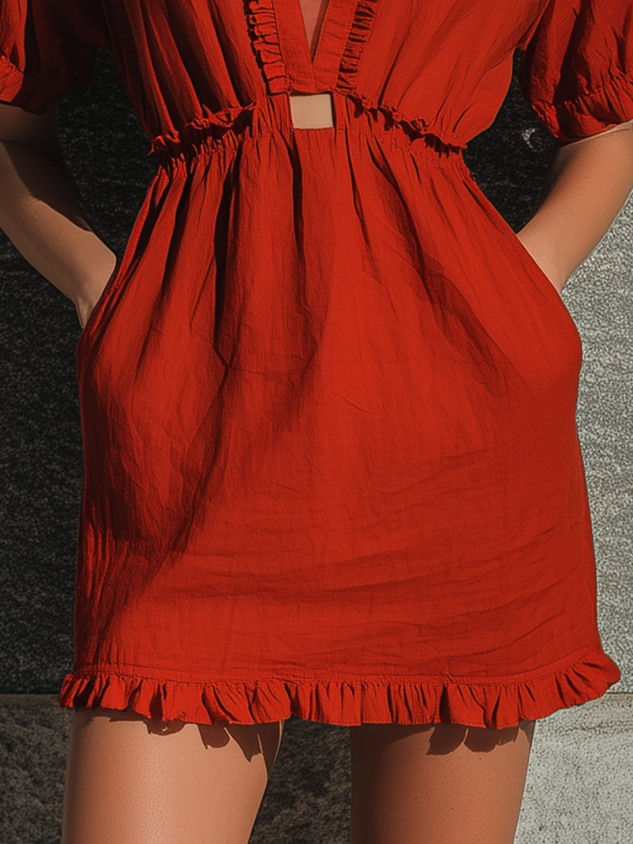 Women’s Rust Red Ruffle Collar Deep V Cutout Waist Elastic Short Puff Sleeve Hem Ruffle Mini Dress MDZ2454F0T