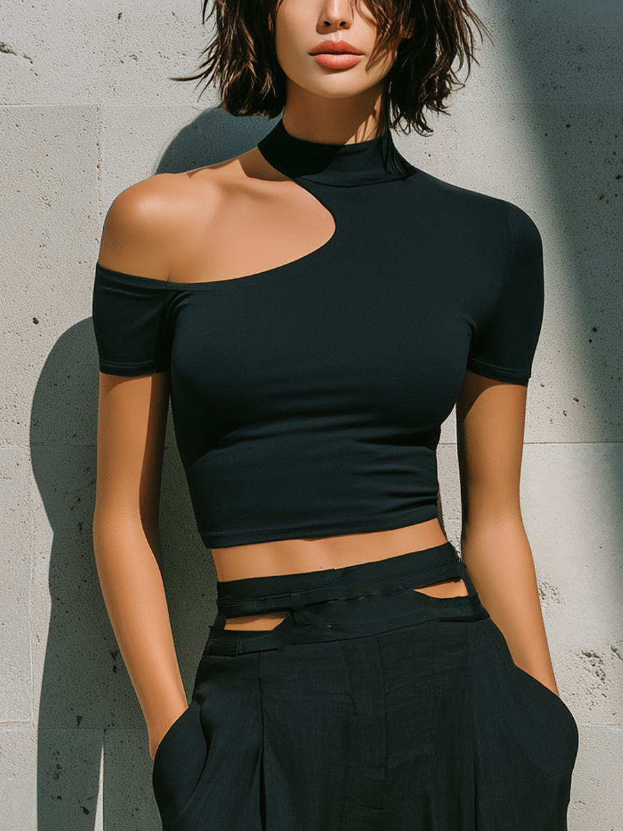Women’s Black Cutout One Shoulder Mock Neck Short Sleeve Crop Top & High Waist Double Waist Cut Pleated Wide Leg Cropped Culottes Two-Piece Set MDZ2413F9T