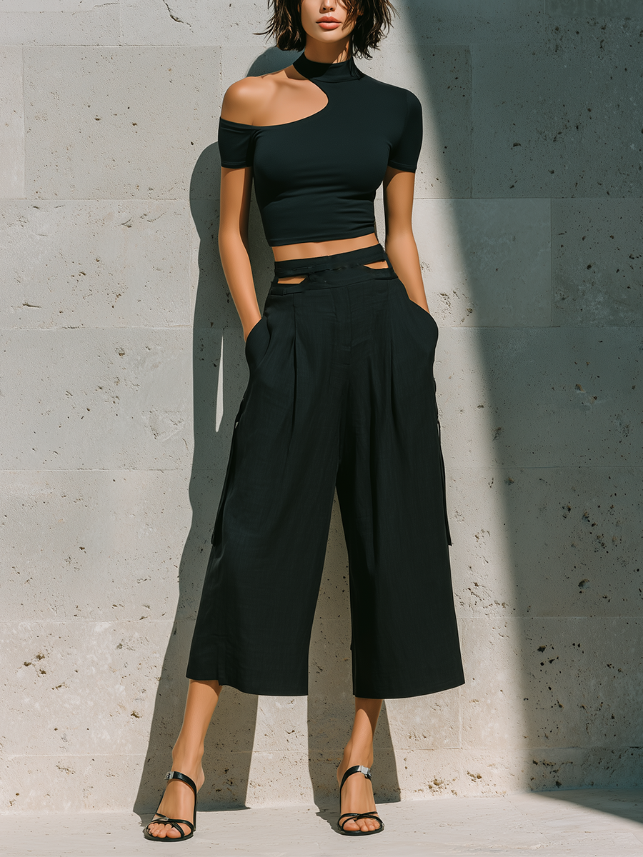 Women’s Black Cutout One Shoulder Mock Neck Short Sleeve Crop Top & High Waist Double Waist Cut Pleated Wide Leg Cropped Culottes Two-Piece Set MDZ2413F9T