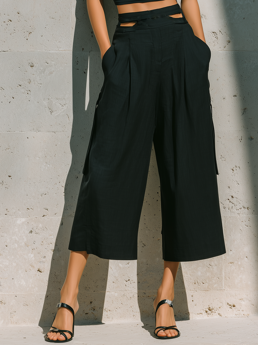 Women’s Black Cutout One Shoulder Mock Neck Short Sleeve Crop Top & High Waist Double Waist Cut Pleated Wide Leg Cropped Culottes Two-Piece Set MDZ2413F9T