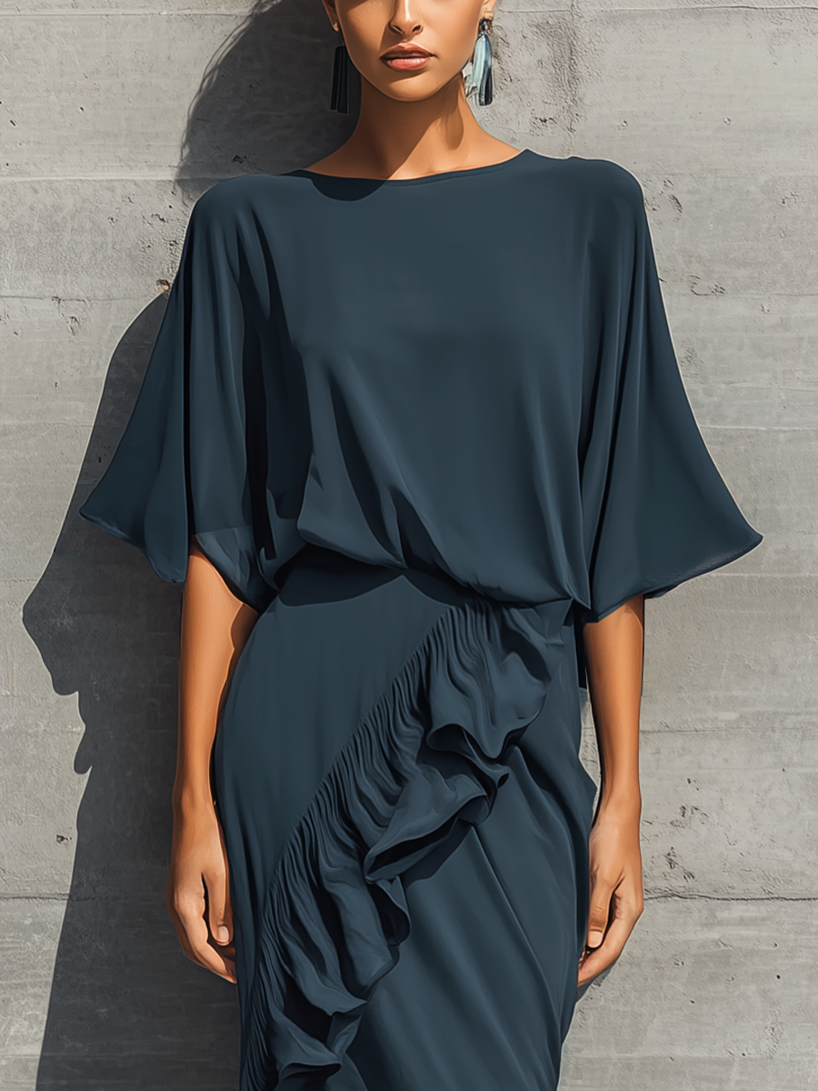 Women's Dark Teal Chiffon Set Featuring A Round-neck, Batwing-sleeve Top And A Ruffled Wrap Skirt MDZ2437F4T