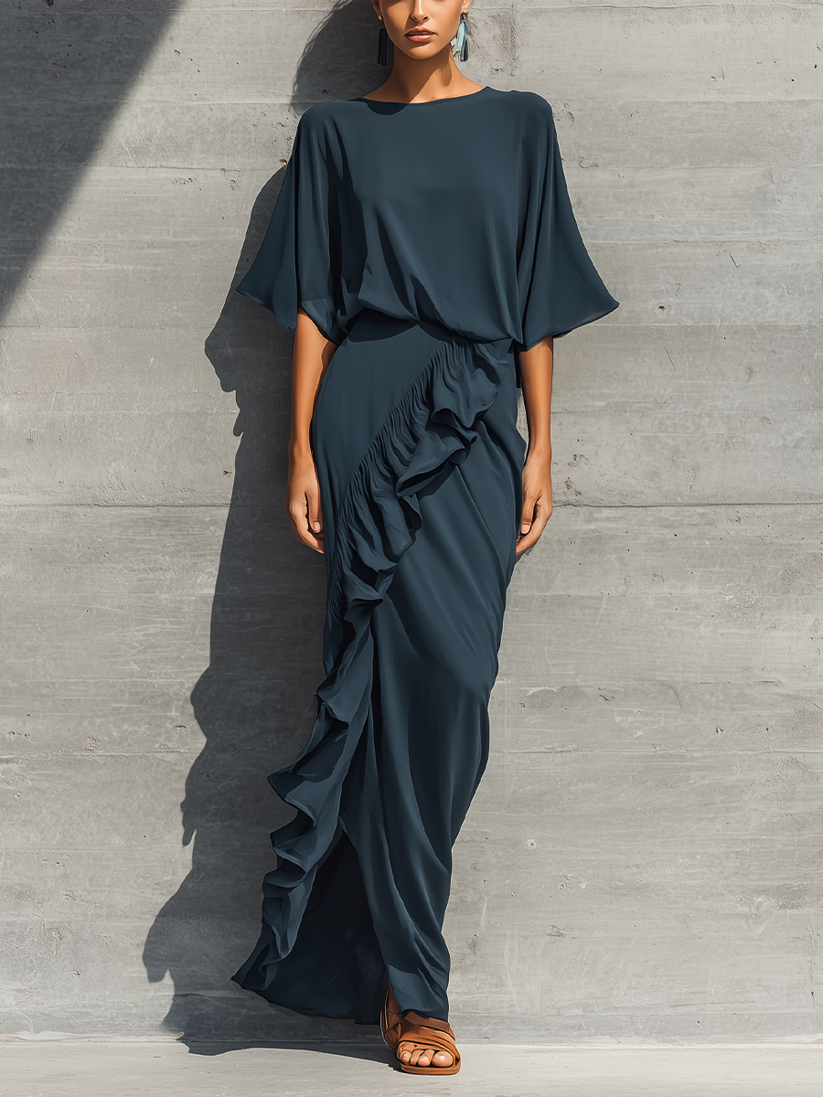 Women's Dark Teal Chiffon Set Featuring A Round-neck, Batwing-sleeve Top And A Ruffled Wrap Skirt MDZ2437F4T