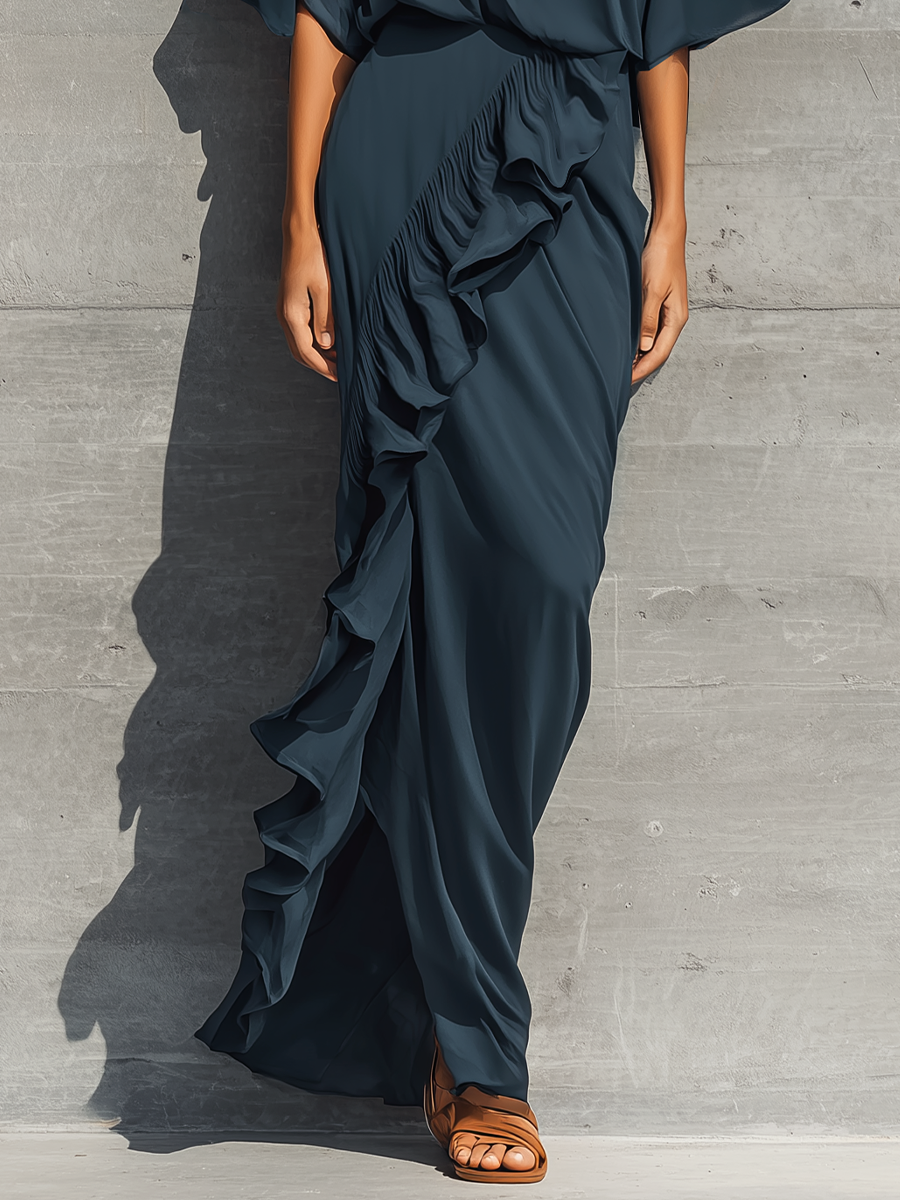Women's Dark Teal Chiffon Set Featuring A Round-neck, Batwing-sleeve Top And A Ruffled Wrap Skirt MDZ2437F4T