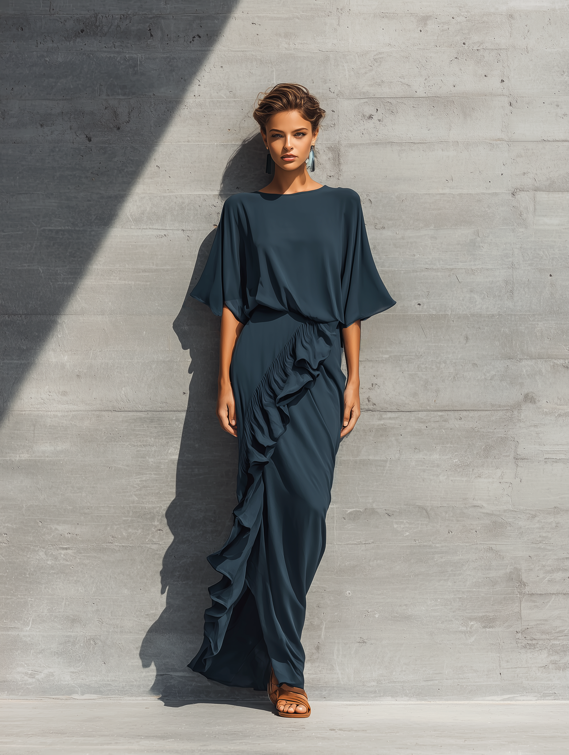 Women's Dark Teal Chiffon Set Featuring A Round-neck, Batwing-sleeve Top And A Ruffled Wrap Skirt MDZ2437F4T