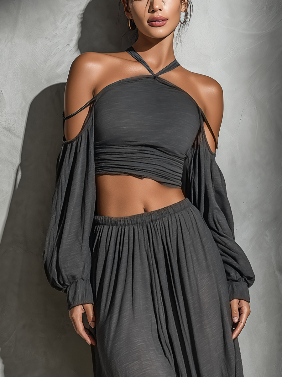 Women’s Dark Grey Halter Cold Shoulder Long Puff Sleeve Ruched Crop Top & Elastic Waist Flowy Skirt Two-Piece Set MDZ2486F4T