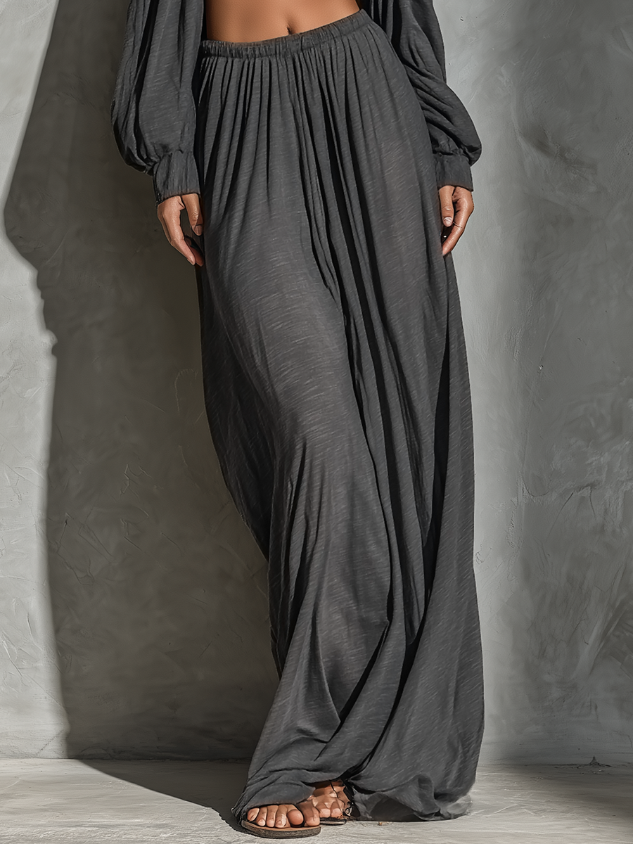 Women’s Dark Grey Halter Cold Shoulder Long Puff Sleeve Ruched Crop Top & Elastic Waist Flowy Skirt Two-Piece Set MDZ2486F4T