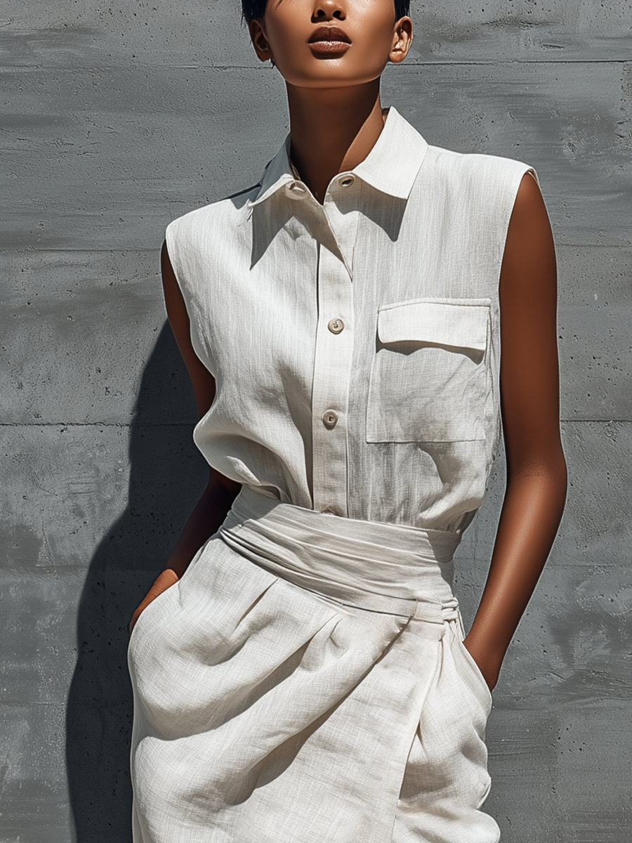 Women’s White Linen Sleeveless Collared Button Down Pocket Shirt & Wrap Waist Front Slit Midi Skirt Two-Piece Set MDZ2444F0T