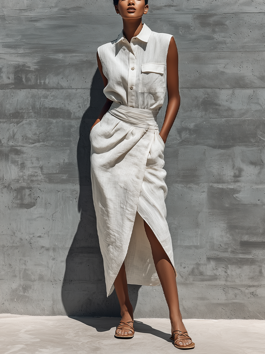 Women’s White Linen Sleeveless Collared Button Down Pocket Shirt & Wrap Waist Front Slit Midi Skirt Two-Piece Set MDZ2444F0T