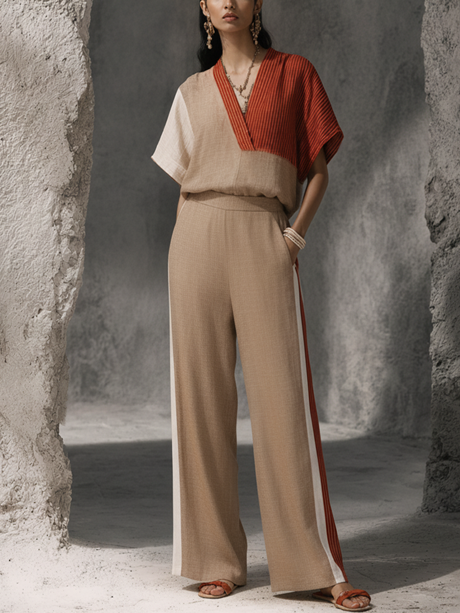 Women's Retro Style Multi-Color Block Cotton Linen V-Neck Short-Sleeve Top + Side Striped Wide-Leg Trousers Set MDZ2447F4GMJ
