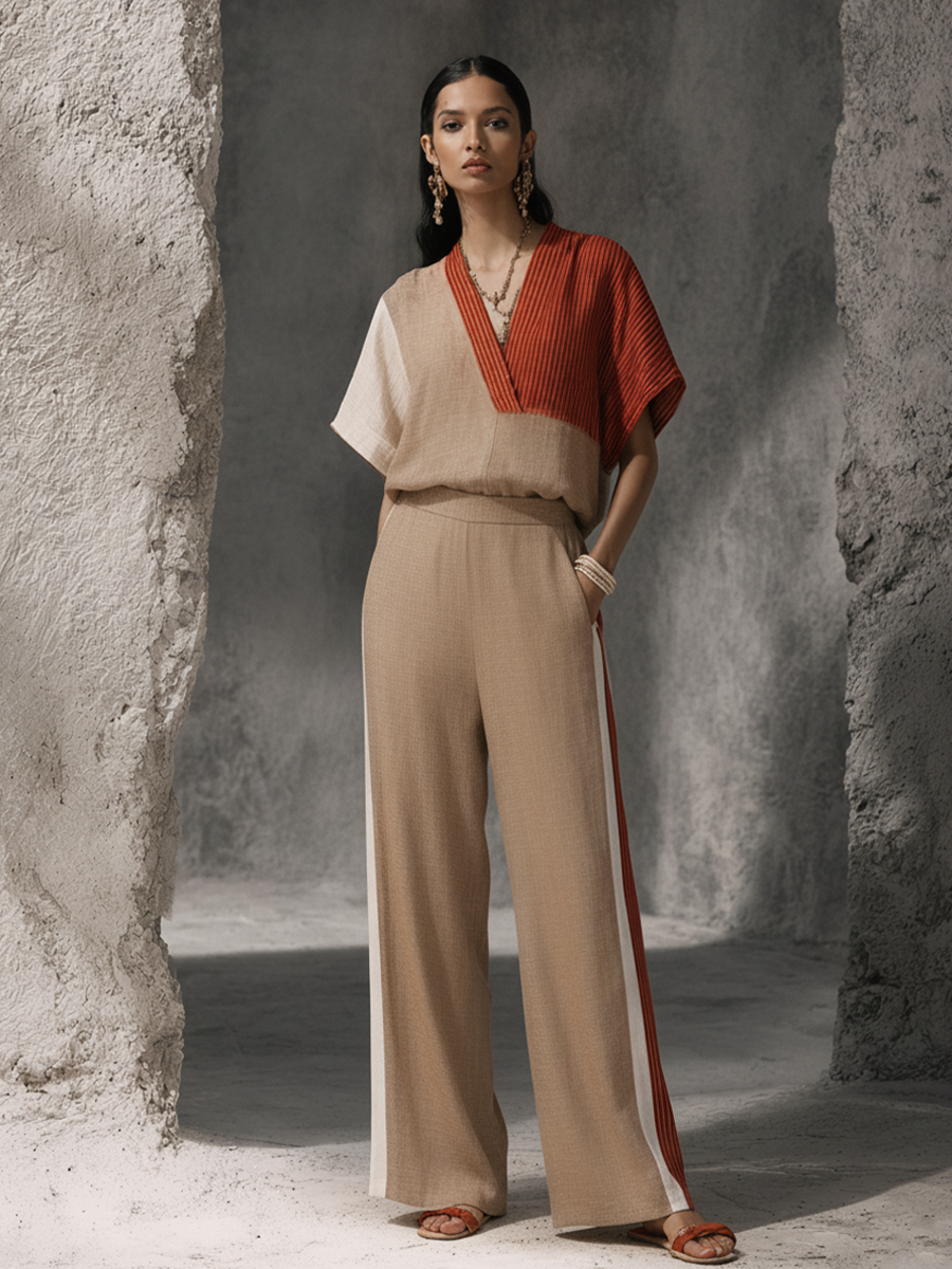 Women's Retro Style Multi-Color Block Cotton Linen V-Neck Short-Sleeve Top + Side Striped Wide-Leg Trousers Set MDZ2447F4GMJ