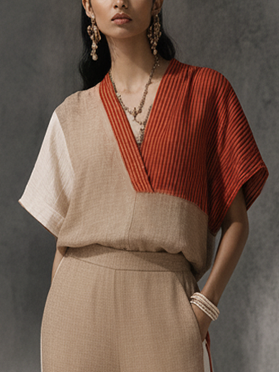Women's Retro Style Multi-Color Block Cotton Linen V-Neck Short-Sleeve Top + Side Striped Wide-Leg Trousers Set MDZ2447F4GMJ