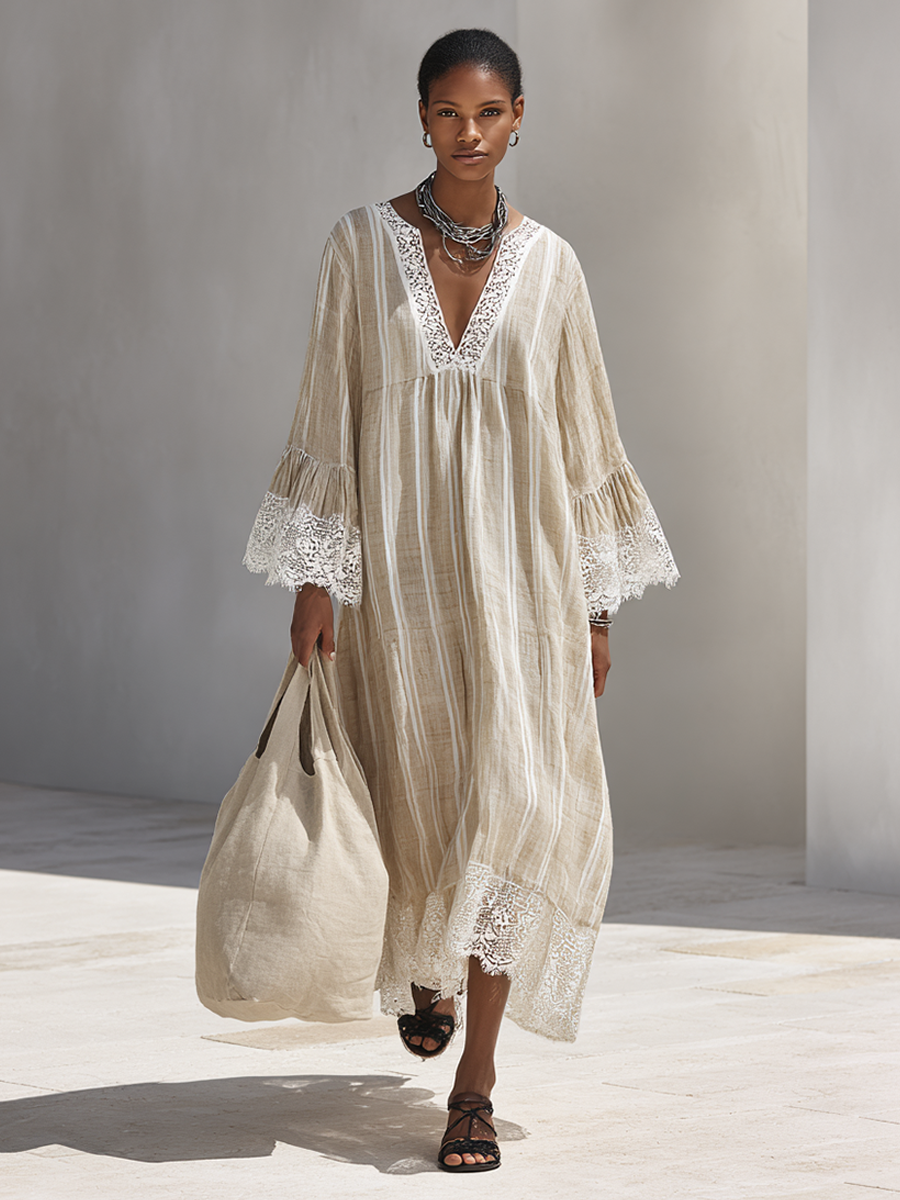Women's Minimalist Beige Vertical-Stripe Maxi Dress With White Lace Trim And Flared Long Sleeves MDZ1745F9ZRK
