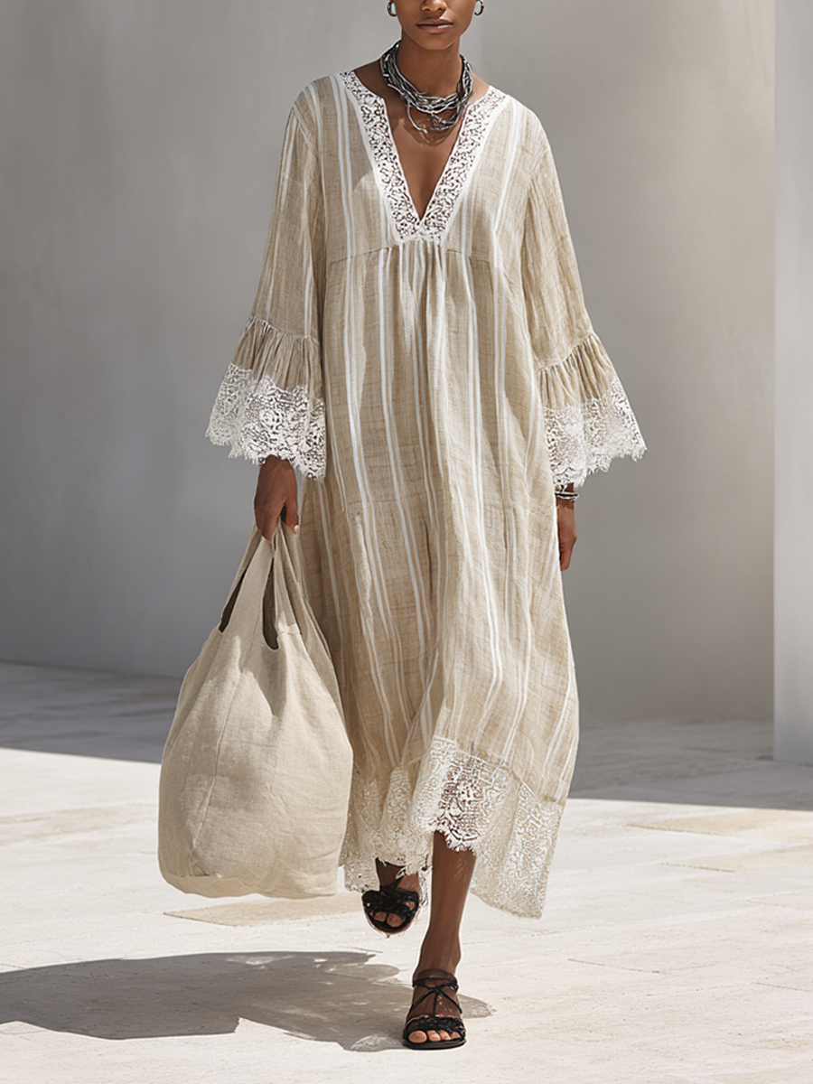 Women's Minimalist Beige Vertical-Stripe Maxi Dress With White Lace Trim And Flared Long Sleeves MDZ1745F9ZRK