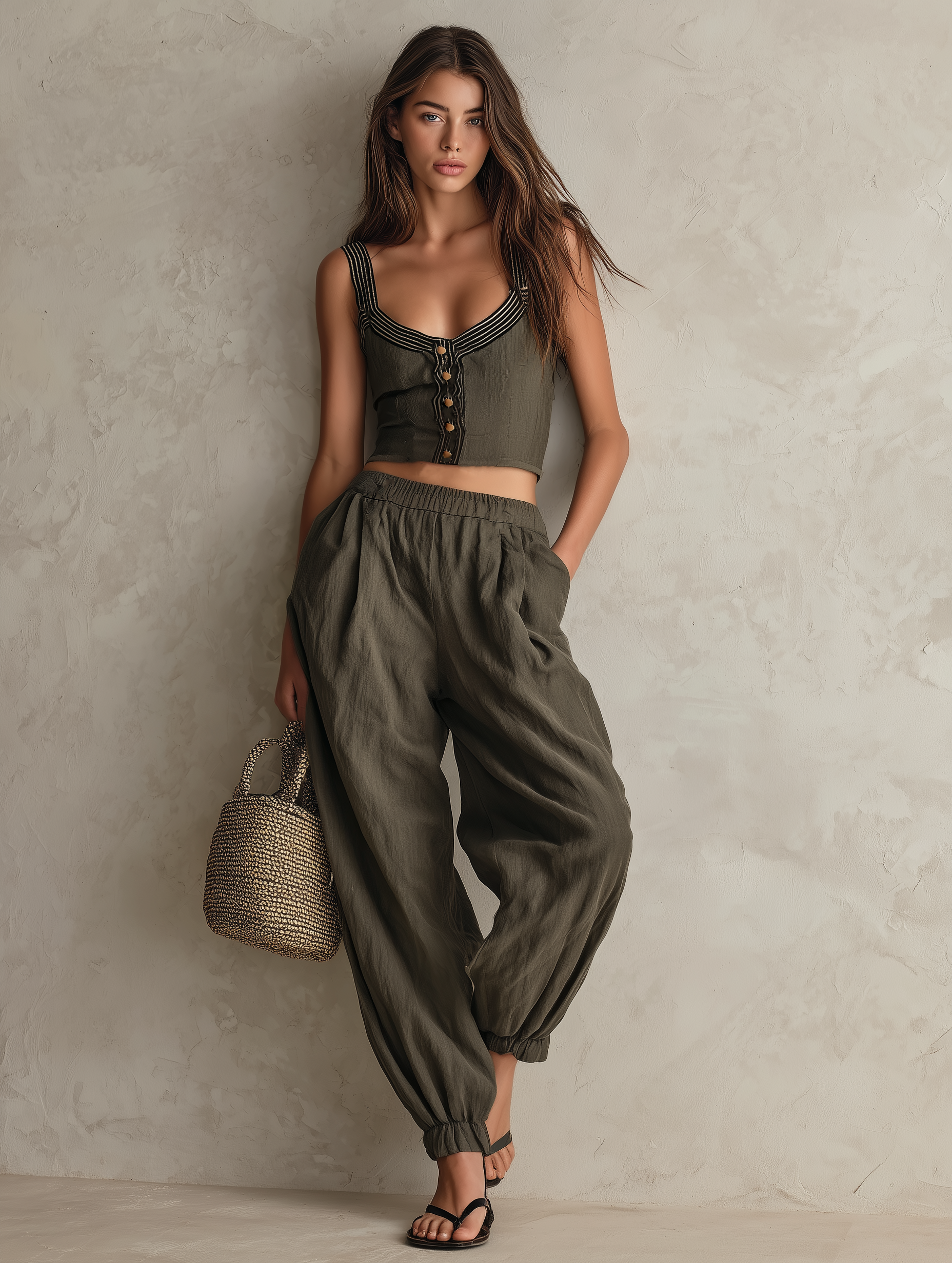 Women's Casual Grey-green Woven Sleeveless Top Paired With Trousers. MDZ2537F2LXY