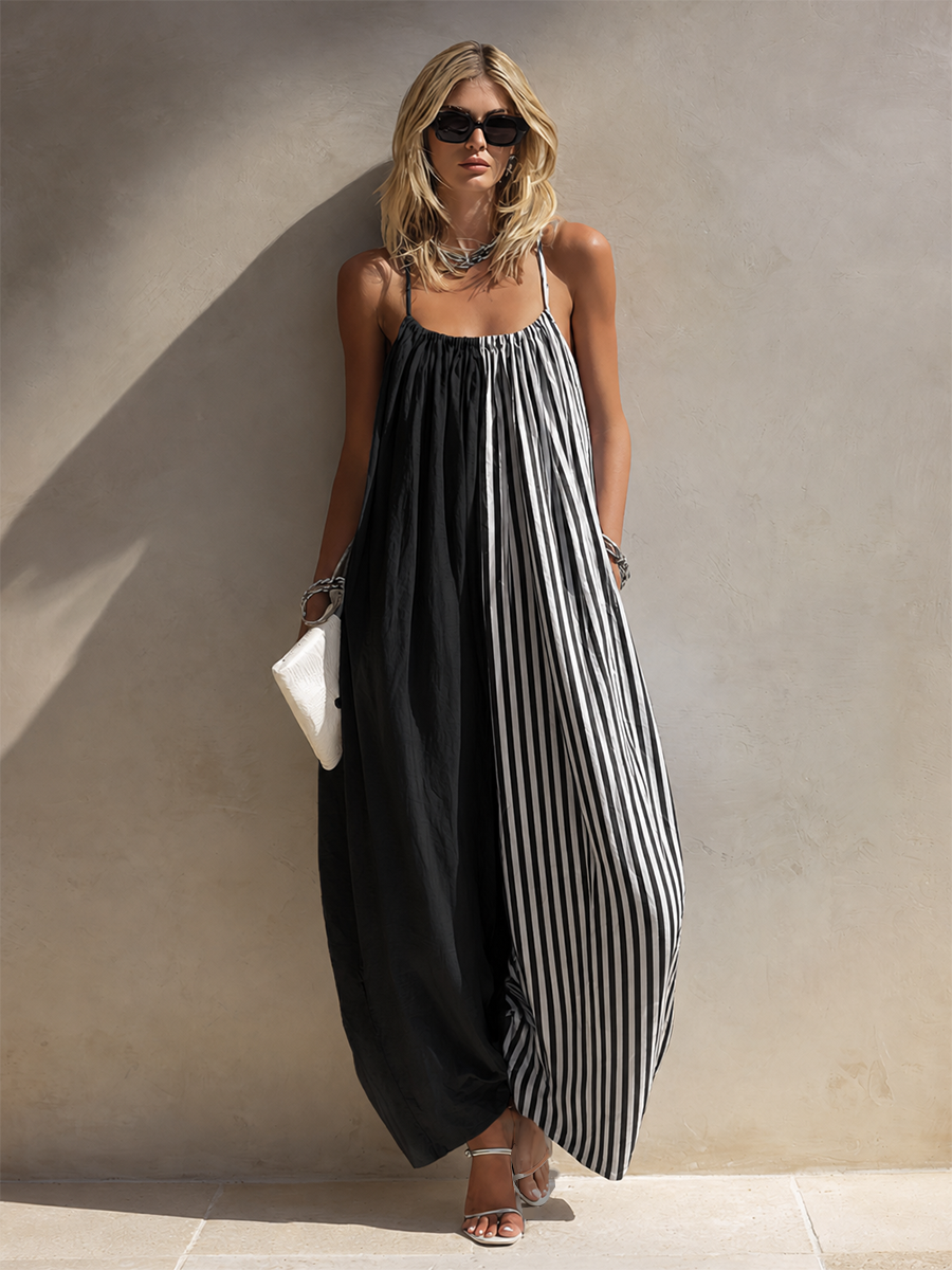 Women's Minimalist Linen-Blend Color-Block Striped Spaghetti-Strap Loose Jumpsuit MDZ2642F5ZRK