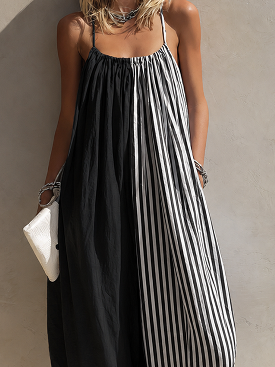 Women's Minimalist Linen-Blend Color-Block Striped Spaghetti-Strap Loose Jumpsuit MDZ2642F5ZRK