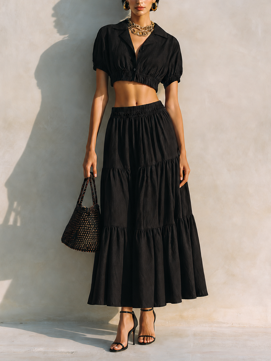 Women's Minimalist Linen-Blend Collared Short-Sleeve Cropped Top & Tiered Midi Skirt Set MDZ2628F5ZRK